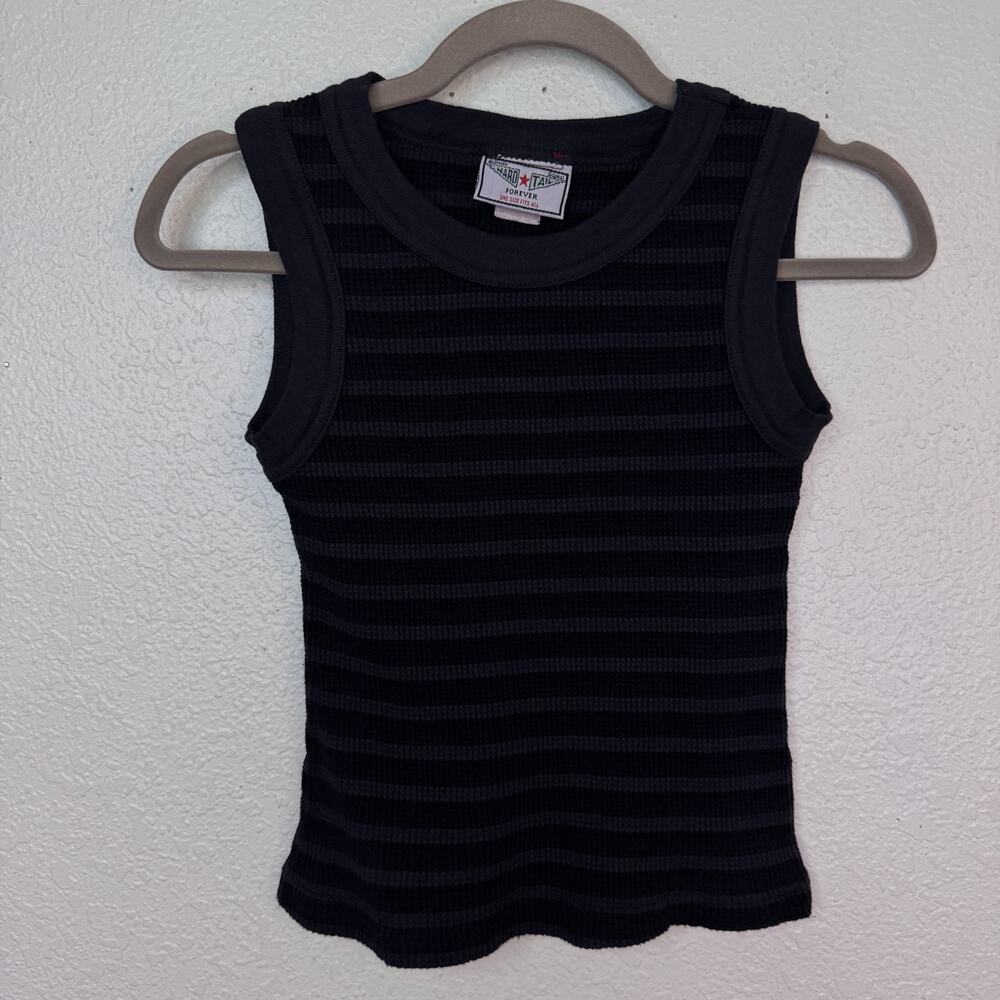 Hard Tail Forever Y2K Tank Top Women One Size Stripe Waffle Knit USA Cotton Gray